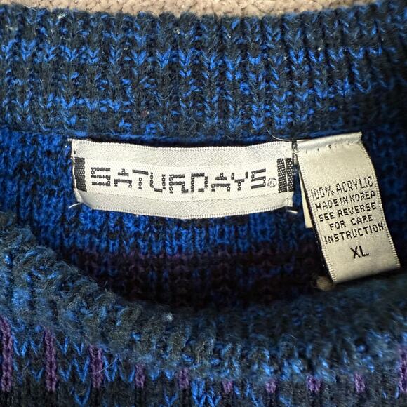 Vtg 90s Sweater Size XL Grandpa Grunge Saturdays Geometric Preppy Blue Purple - Picture 4 of 4